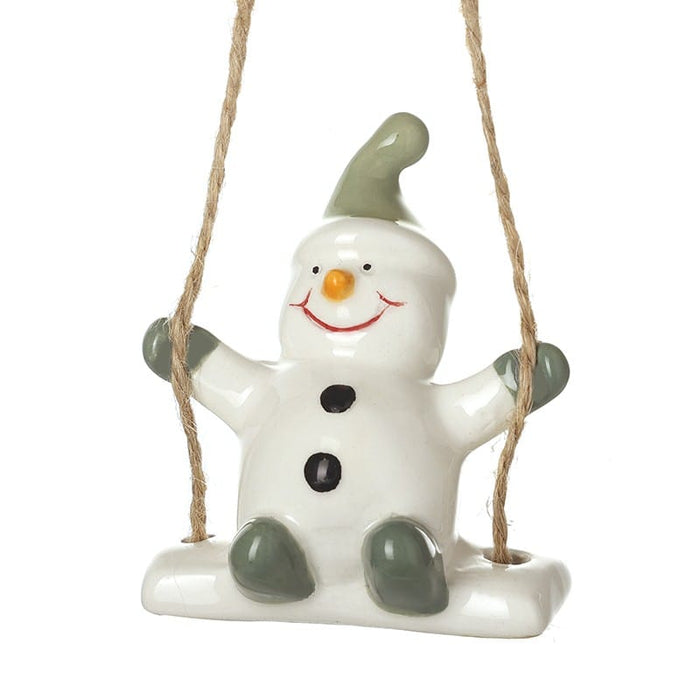 Heaven Sends Hanging Decoration Ceramic Snowman On Swing Ceramic Snowman On Swing | Windlebridge Garden Nursery
