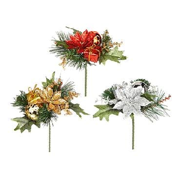 Premier Decorations Christmas Floristry Premier 16cm Poinsettia and Bauble Pick 3 Assorted Gold - Red - Silver Premier 16cm Poinsettia and Bauble Pick 3 Assorted Gold - Red - Silver
