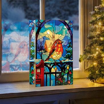 Premier Decorations Christmas Lights Premier 21 x 13cm Battery Operated Lit Robin on Gate Stained Glass Table Top with 25 Warm White LED - Double Sided Premier 21 x 13cm Battery Operated Lit Robin on Gate Stained Glass Tab