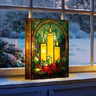 Premier Decorations Christmas Candles Premier 21 x 28cm Battery Operated Lit Candles Stained Glass for Table Top with 50 Warm White LED - Double Sided Premier 21 x 28cm Battery Operated Lit Candles Stained Glass for Table