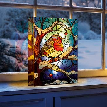 Premier Decorations Christmas Lights Premier 21 x 28cm Battery Operated Lit Robin Stained Glass for Table Top with 50 Warm White LED - Double Sided Premier 21 x 28cm Battery Operated Lit Robin Stained Glass for Table T