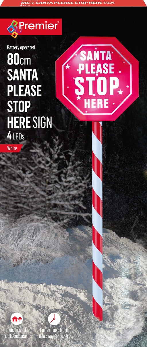 Premier Decorations Christmas Path Lights Premier 80cm Santa Please Stop Here Sign White LED'S