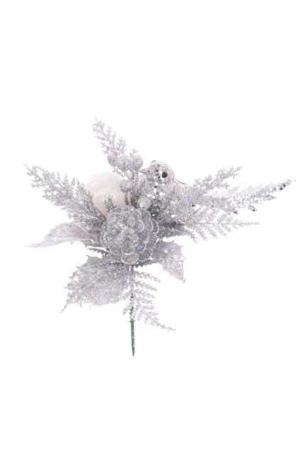 Floral Silk Christmas Pick Glitter Bird Pick 21cm In Silver