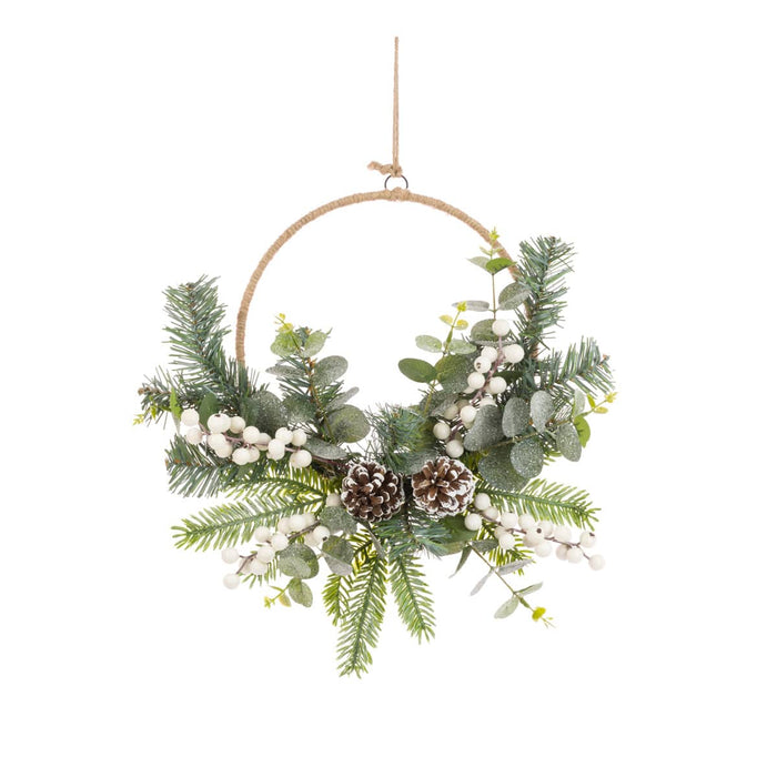 Floral Silk Christmas Wreaths Frosted Snow Berry Semi Wreath 40cm