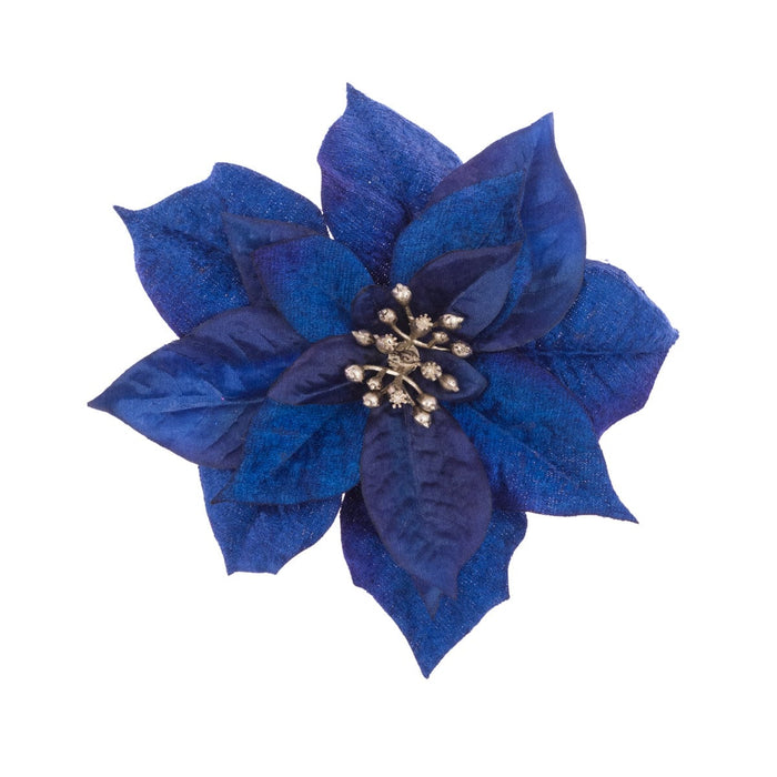 Floral Silk Clip On Decorations Blue Poinsettia Clip On Decoration 17cm