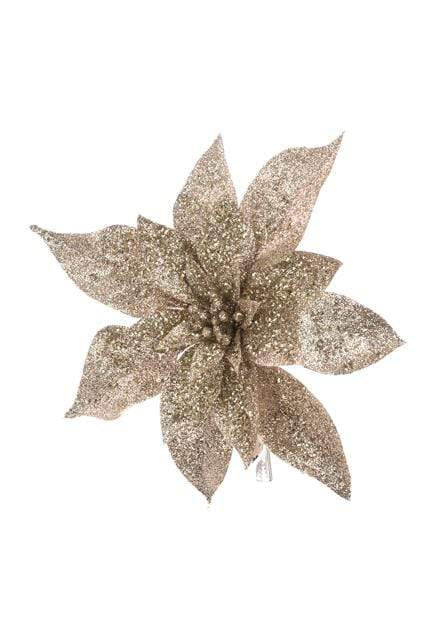 Floral Silk Clip On Decorations Glitter Poinsettia Clip 23cm In Gold Or Silver