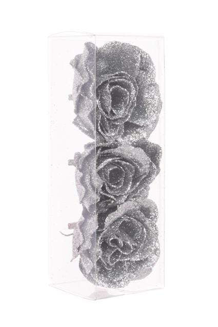 Floral Silk Clip On Decorations Silver Glittered Rose Clip 7cm 3 Pack Various Colours