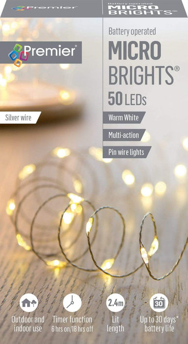 Premier Decorations Christmas Lights Warm White Premier 50 LED'S Microbrights On Silver Wire