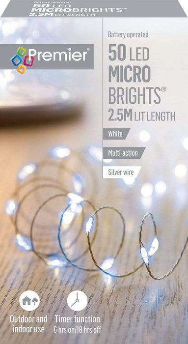 Premier Decorations Christmas Lights White Premier 50 LED'S Microbrights On Silver Wire