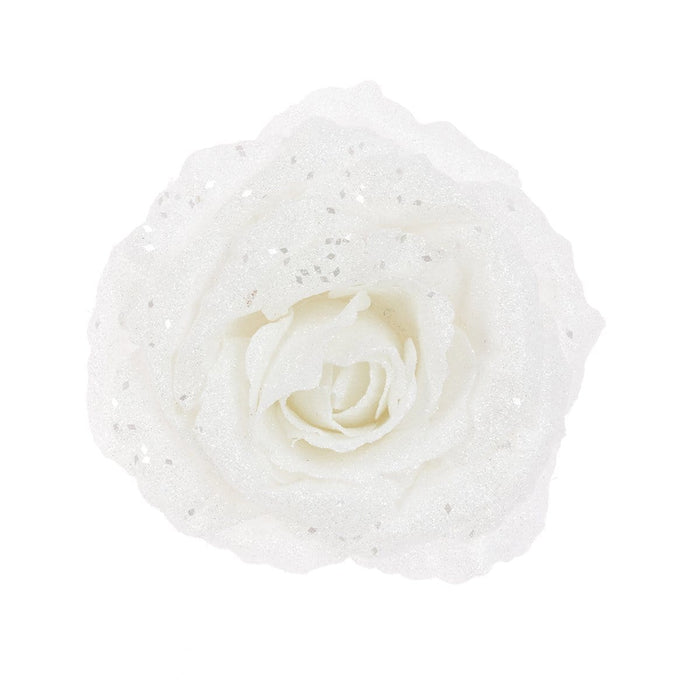 Floral Silk Clip On Decorations White Sparkle Rose with Clip 16cm Various Colours